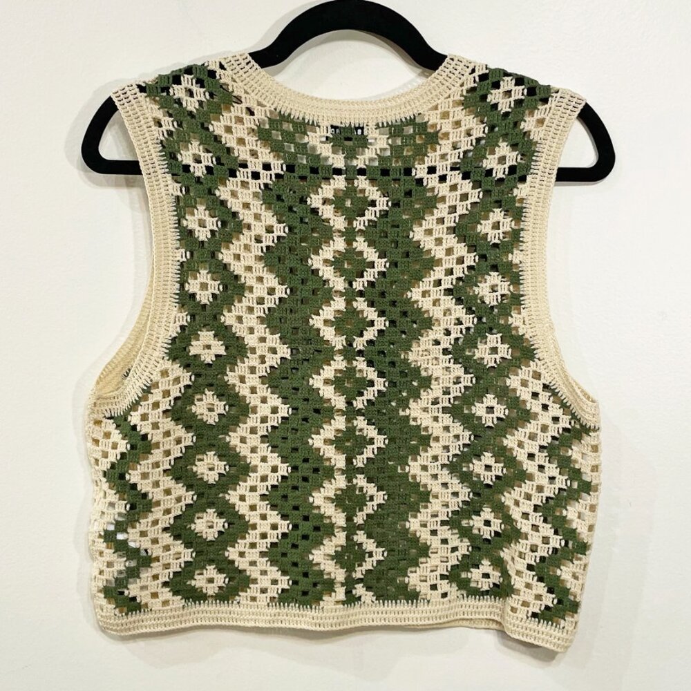 Last Call! New Sandro Henrika Geo Crochet Vest Ecru Olive Large $295 - Picture 5 of 9
